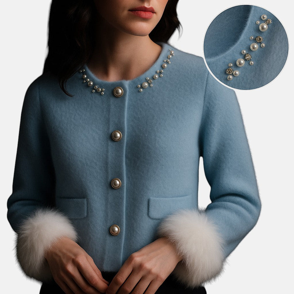 Women's Knit Cardigan with Pearl and Faux Fur Trim