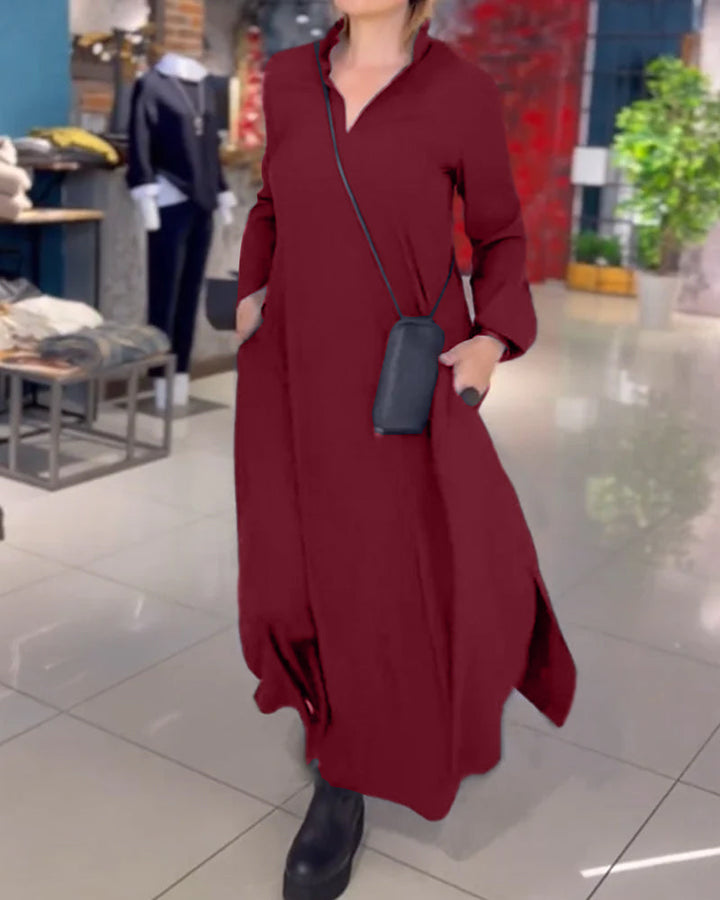 Junia - Flowy Side Slit Lapel Loose Long Dress