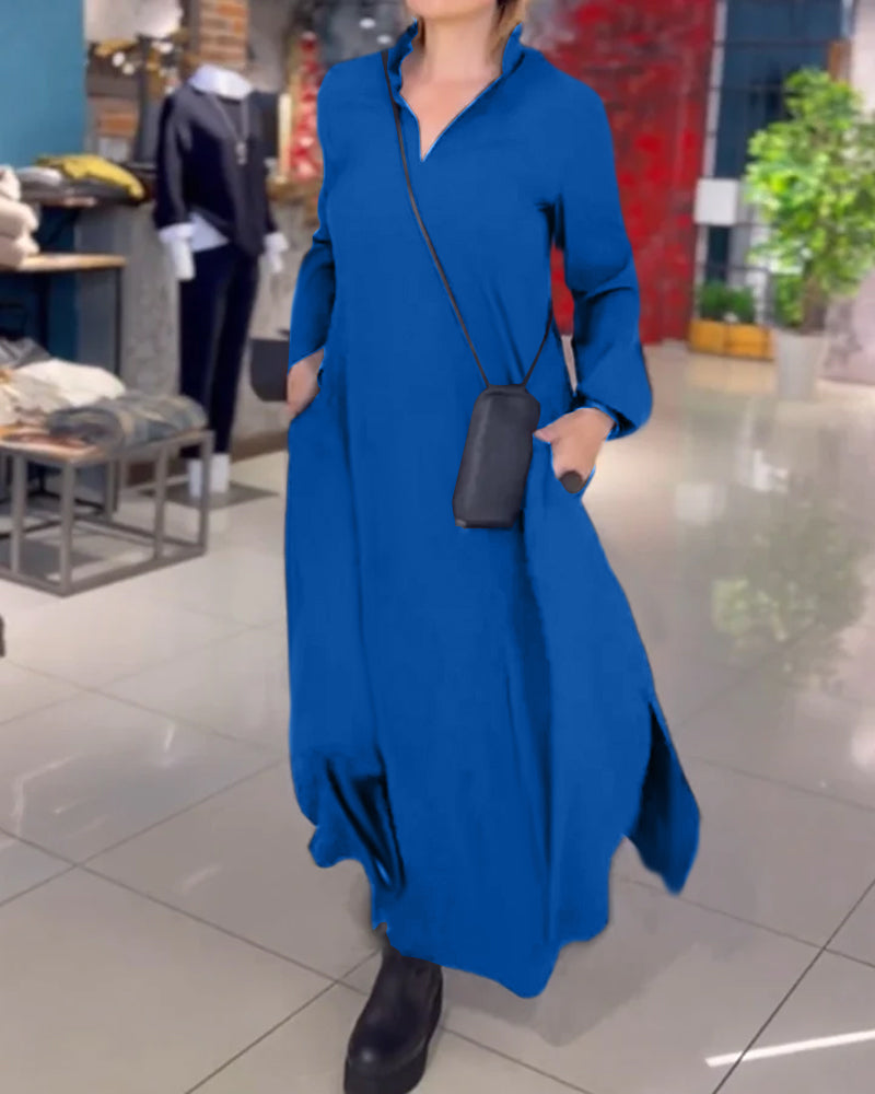 Junia - Flowy Side Slit Lapel Loose Long Dress