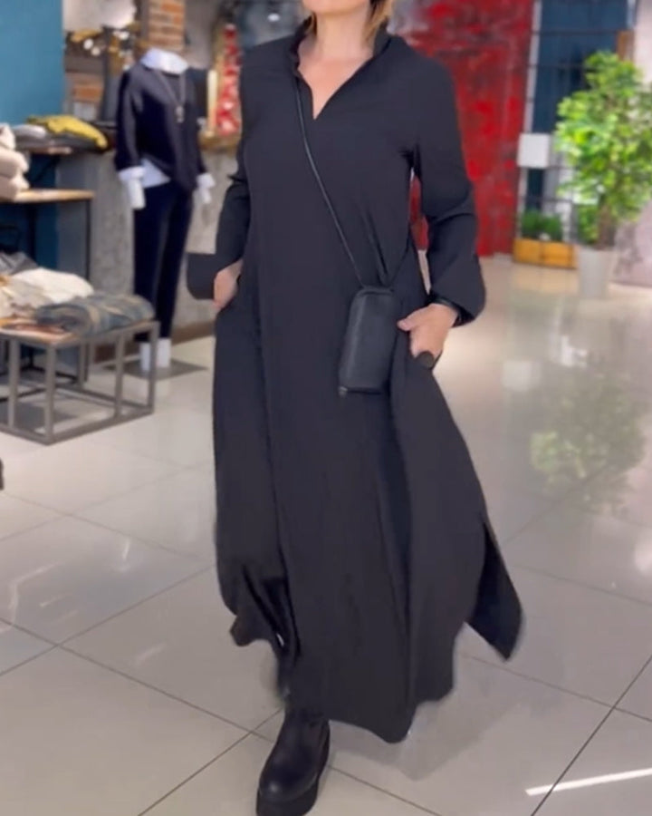 Junia - Flowy Side Slit Lapel Loose Long Dress