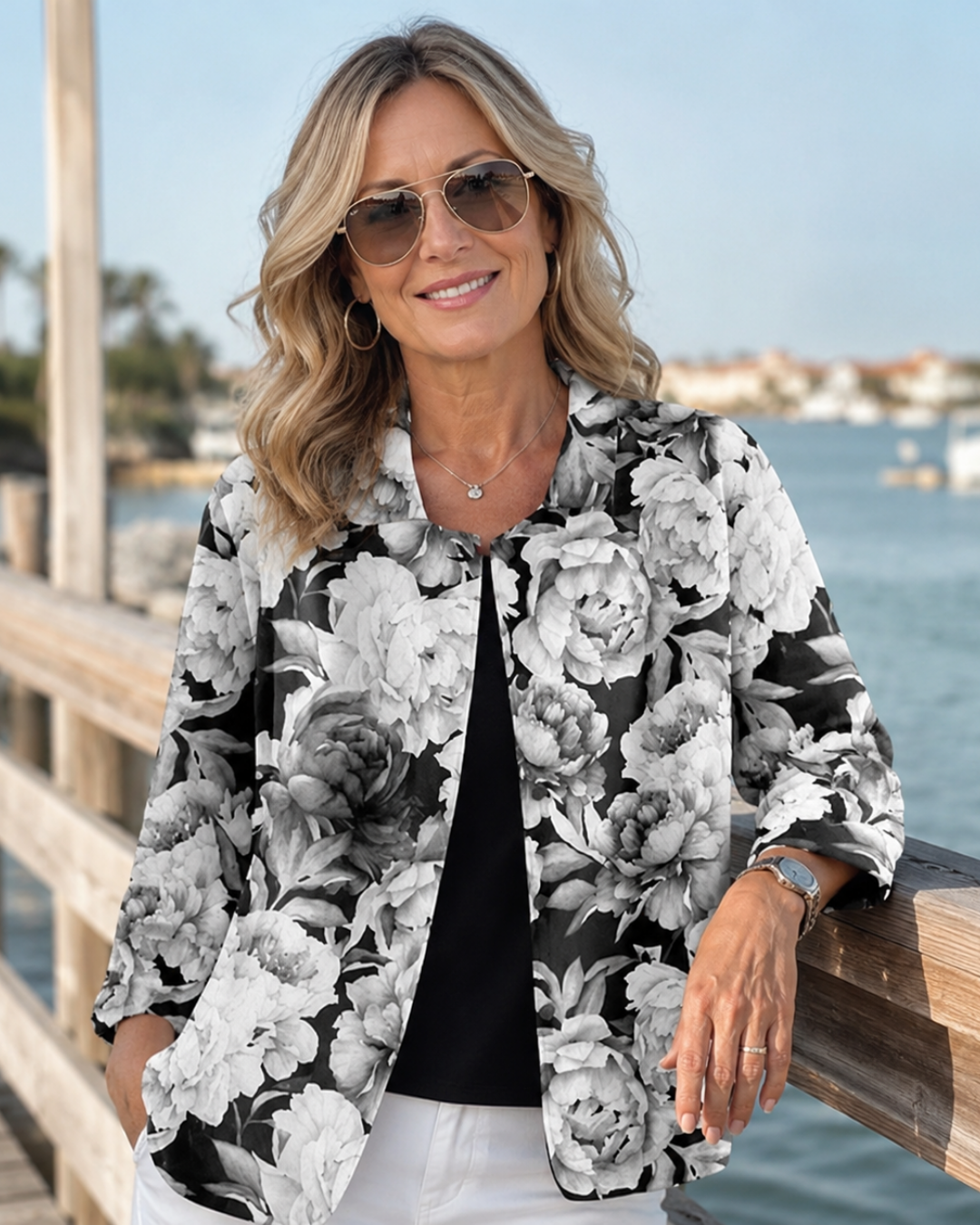 Leontina | Monochrome Floral Relaxed Open Shirt
