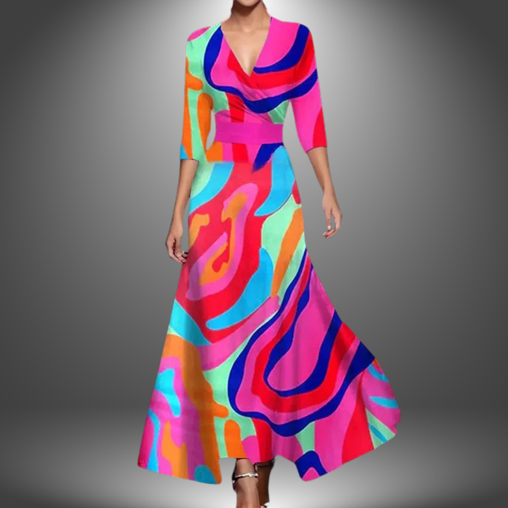 H&R™ | Flattering V-Neck Half Sleeve Boho Maxi Dress.
