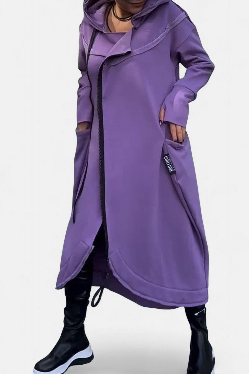 Women's Long Hooded Jacket with Zip Front