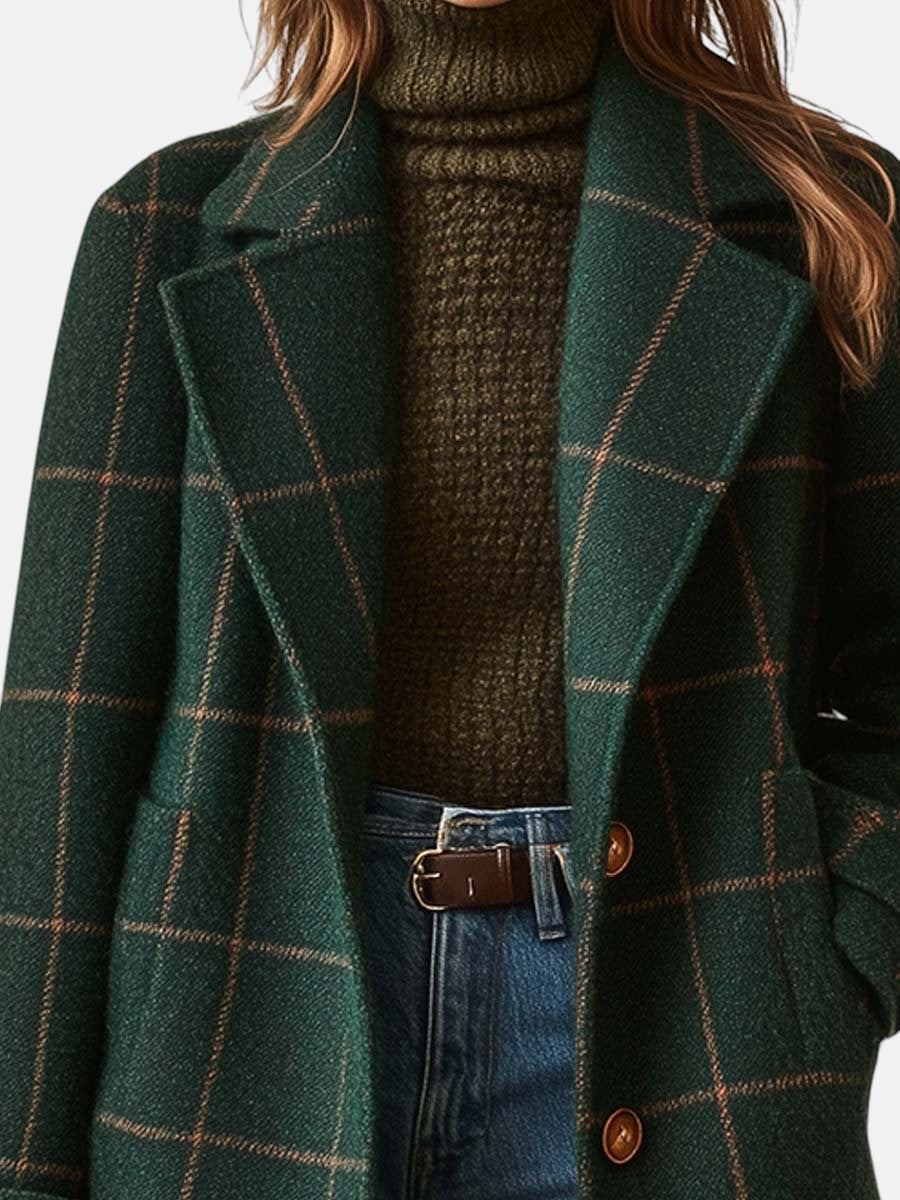 Women's Retro Plaid Tweed Coat with Lapel Collar