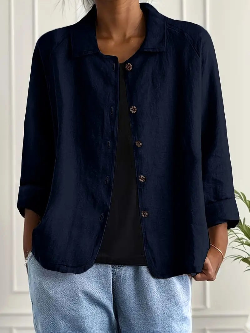 Cerisette | Loose Navy Open Shirt with Curved Hem